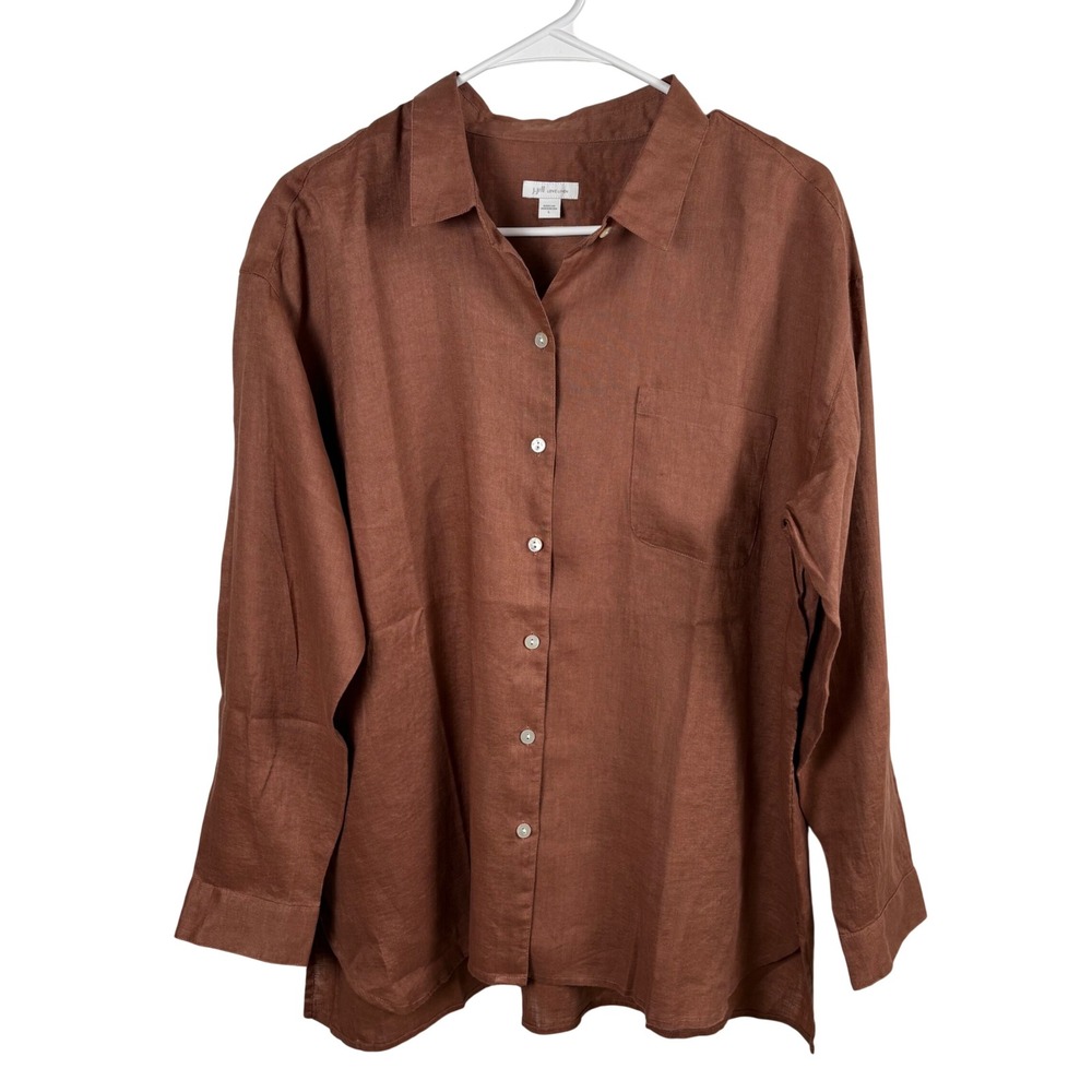 J. Jill Love Linen Button Up Shirt Women's L Brown Long Sleeve Lagenlook Earthy